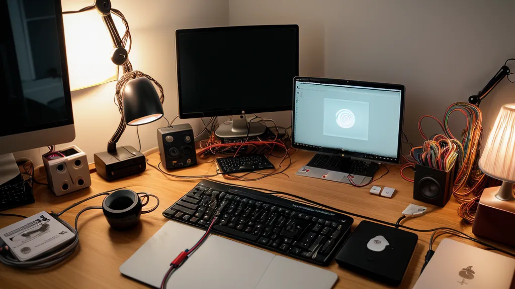 Câbles emmêlés et désordre sur un bureau de beatmaker débutant.