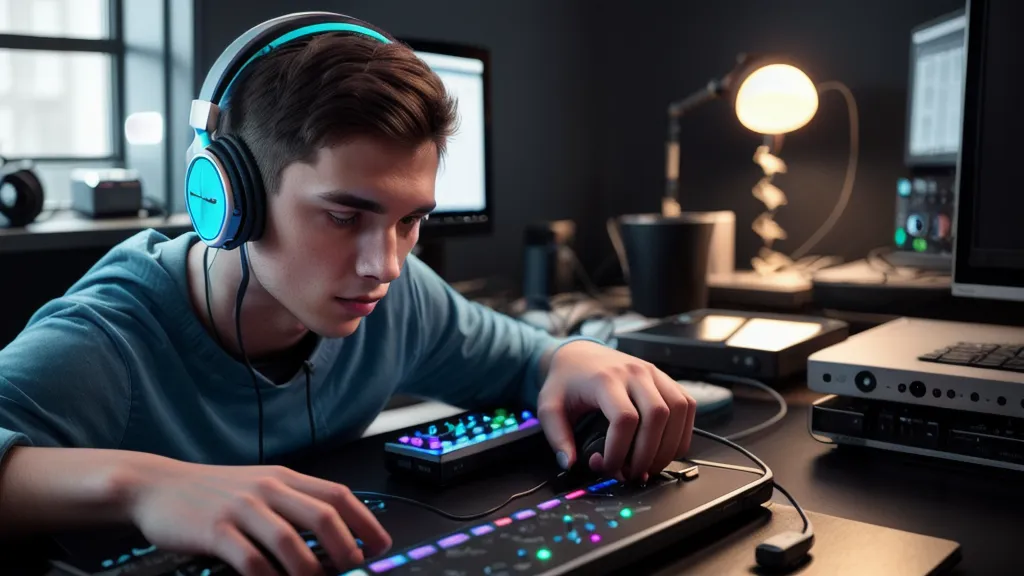 Doigts d'un débutant en beatmaking plaquant un power chord sur une guitare électrique pour composer un riff rock