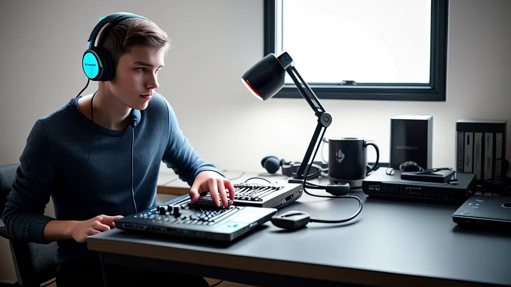 Un jeune homme assis devant son bureau de musique, l'air satisfait après une session de mixage