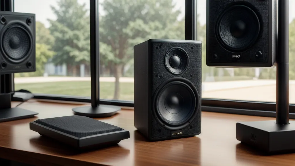 Enceinte de monitoring posée sur le bureau du home studio à Lille pendant le mixage d'un morceau kompa