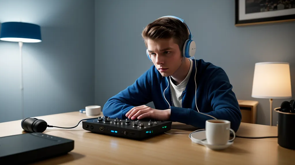 Casque et interface audio sur un bureau simple, pendant le tri de sons pour un kit de batterie afro-groove.