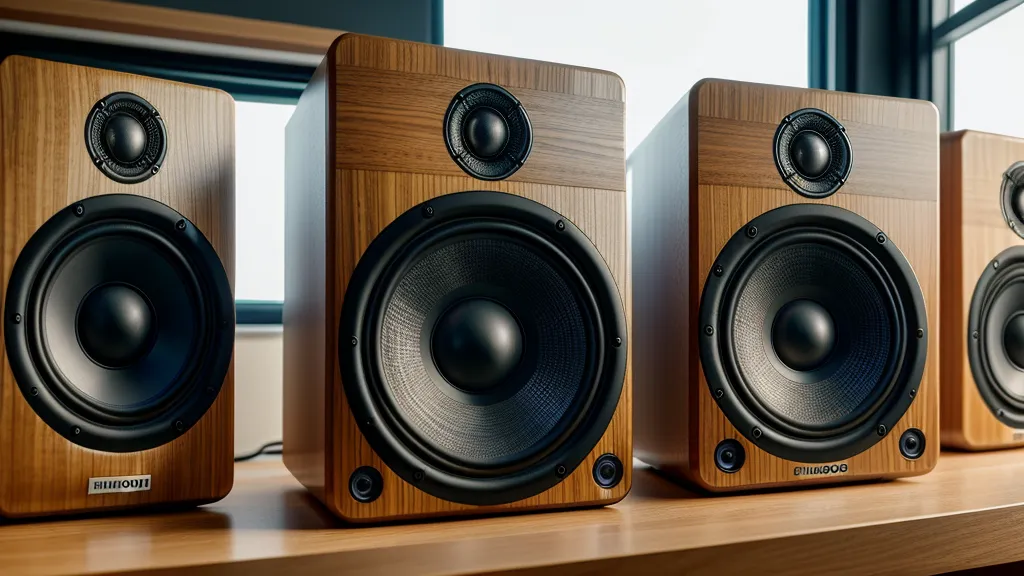 Enceintes de studio sur un bureau vibrant au rythme de la basse