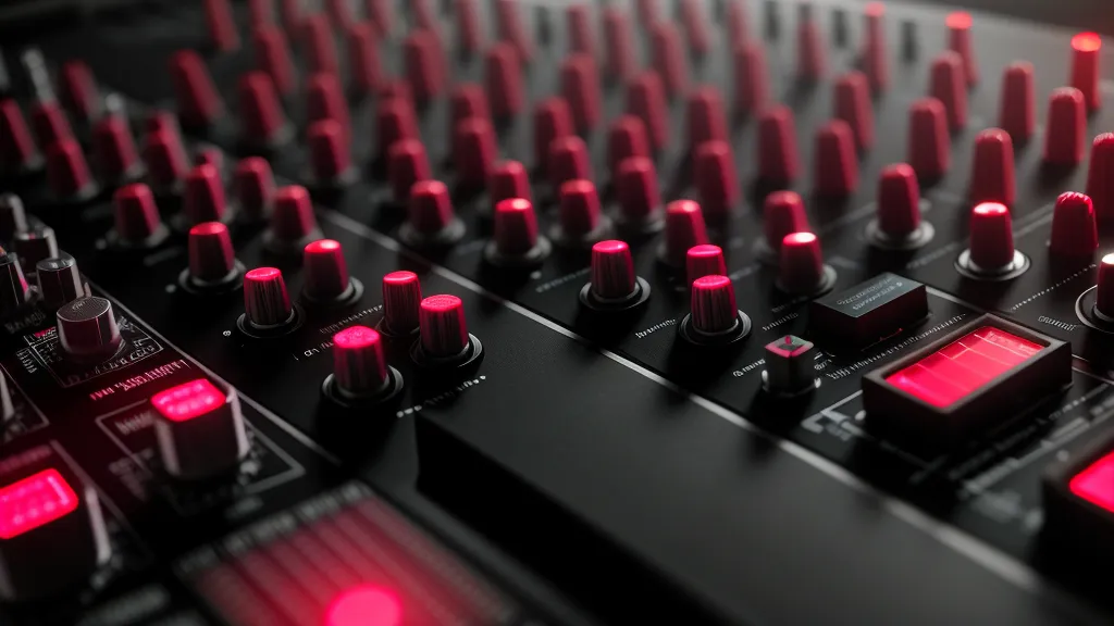 Gros plan d'une console de mixage numérique montrant des voyants rouges de saturation