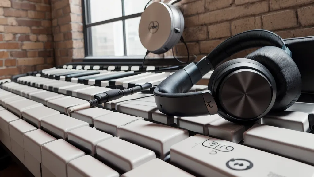 Casque audio et clavier maître posés à côté d'une guitare électrique pour la production musicale