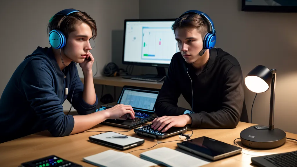 Main ajustant un contrôleur MIDI sur un bureau en bois dans un home studio