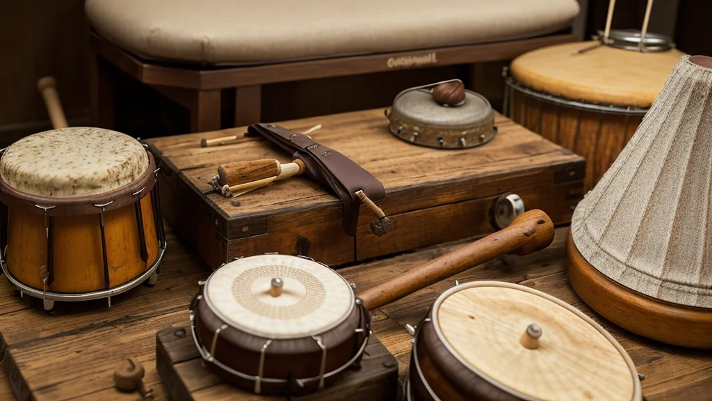Une cloche et un shaker posés à côté d'un ordinateur portable de production musicale.